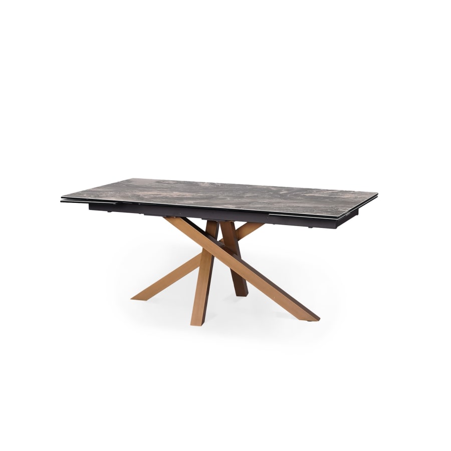 Table &agrave; manger rectangulaire extensible effet marbre gris pieds en m&eacute;tal dor&eacute;